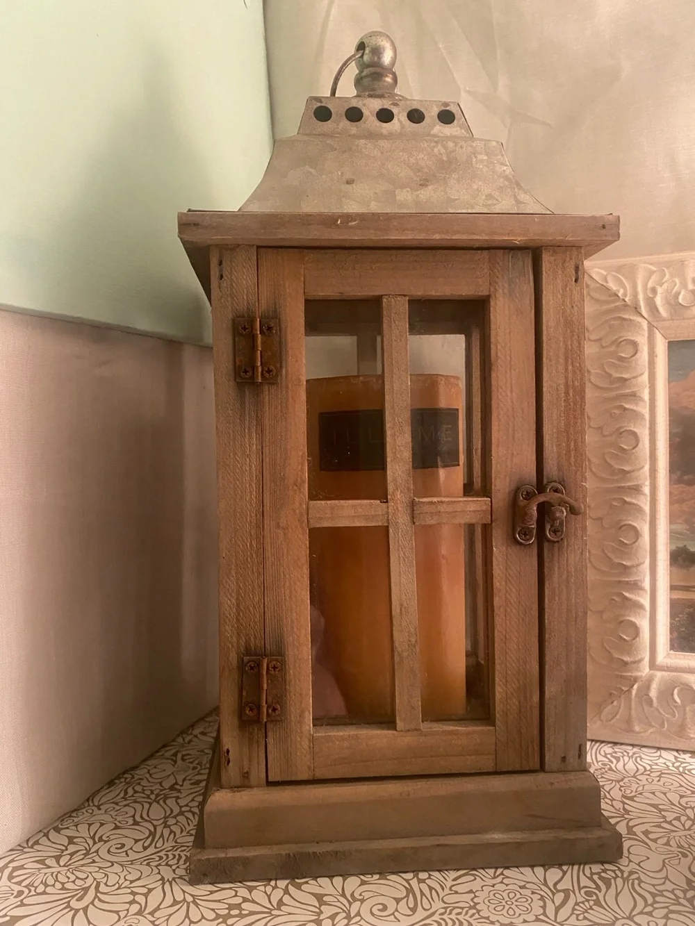 Rustic Wooden Lantern with Amber Candle